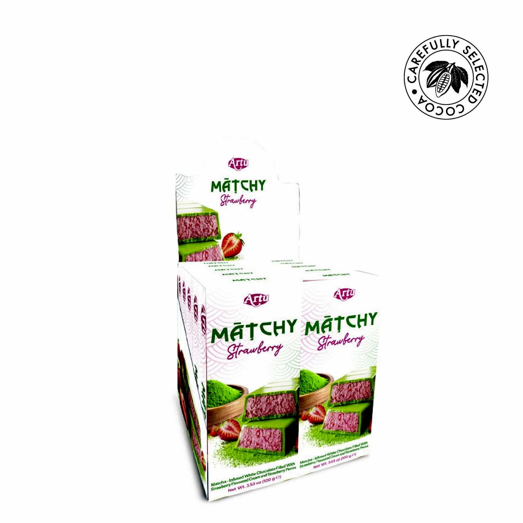 Çilek Aromalı Krema ve Çilek Parçalarıyla Doldurulmuş Matchiva Beyaz Çikolata, 100g (10'lu Paket)
