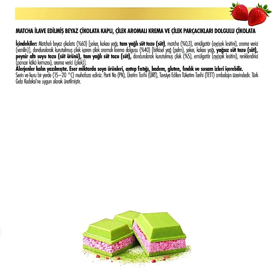 Çilek Aromalı Krema ve Çilek Parçalarıyla Doldurulmuş Matchiva Beyaz Çikolata, 100g (10'lu Paket)