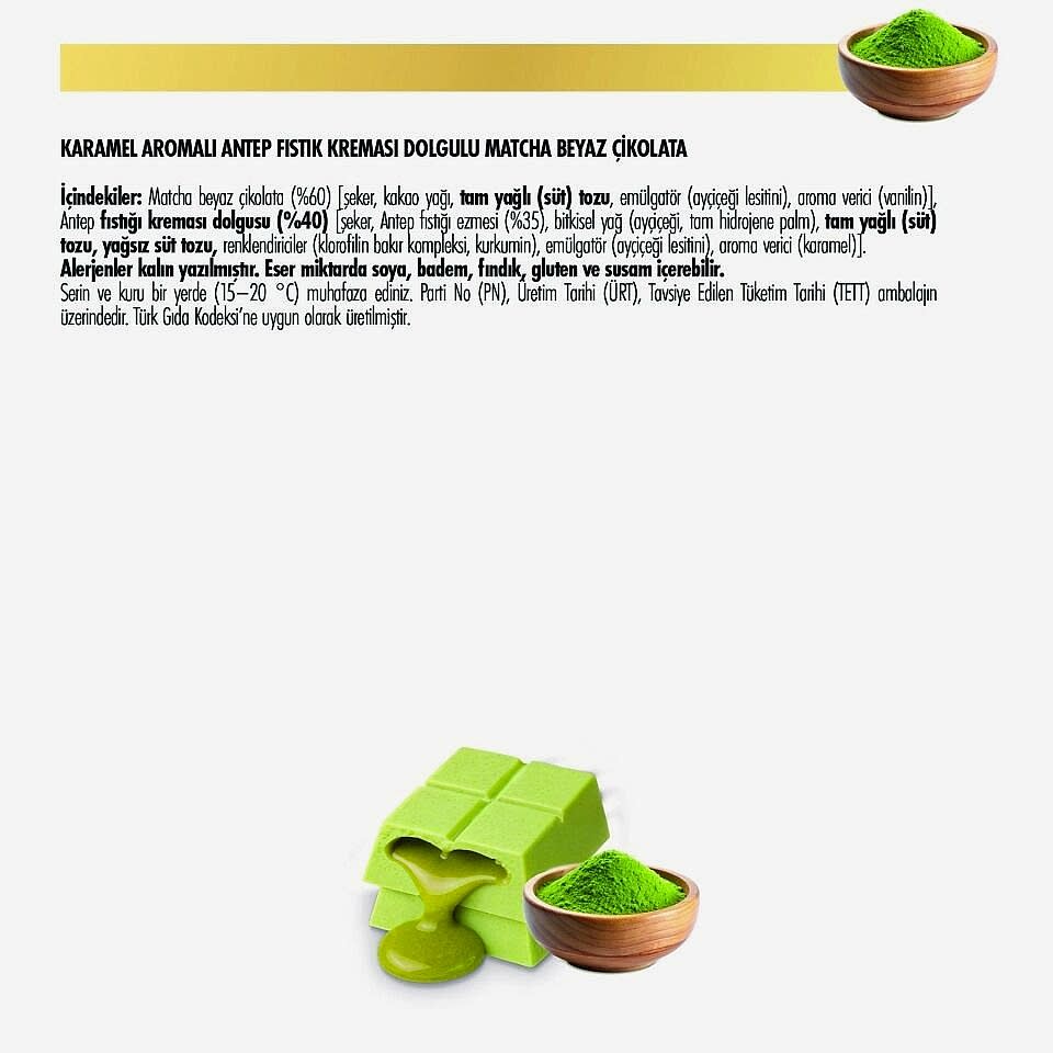 Karamel Aromalı Antep Fıstık Kreması Dolgulu Matcha Beyaz Çikolata, 200g (6'lı Paket)